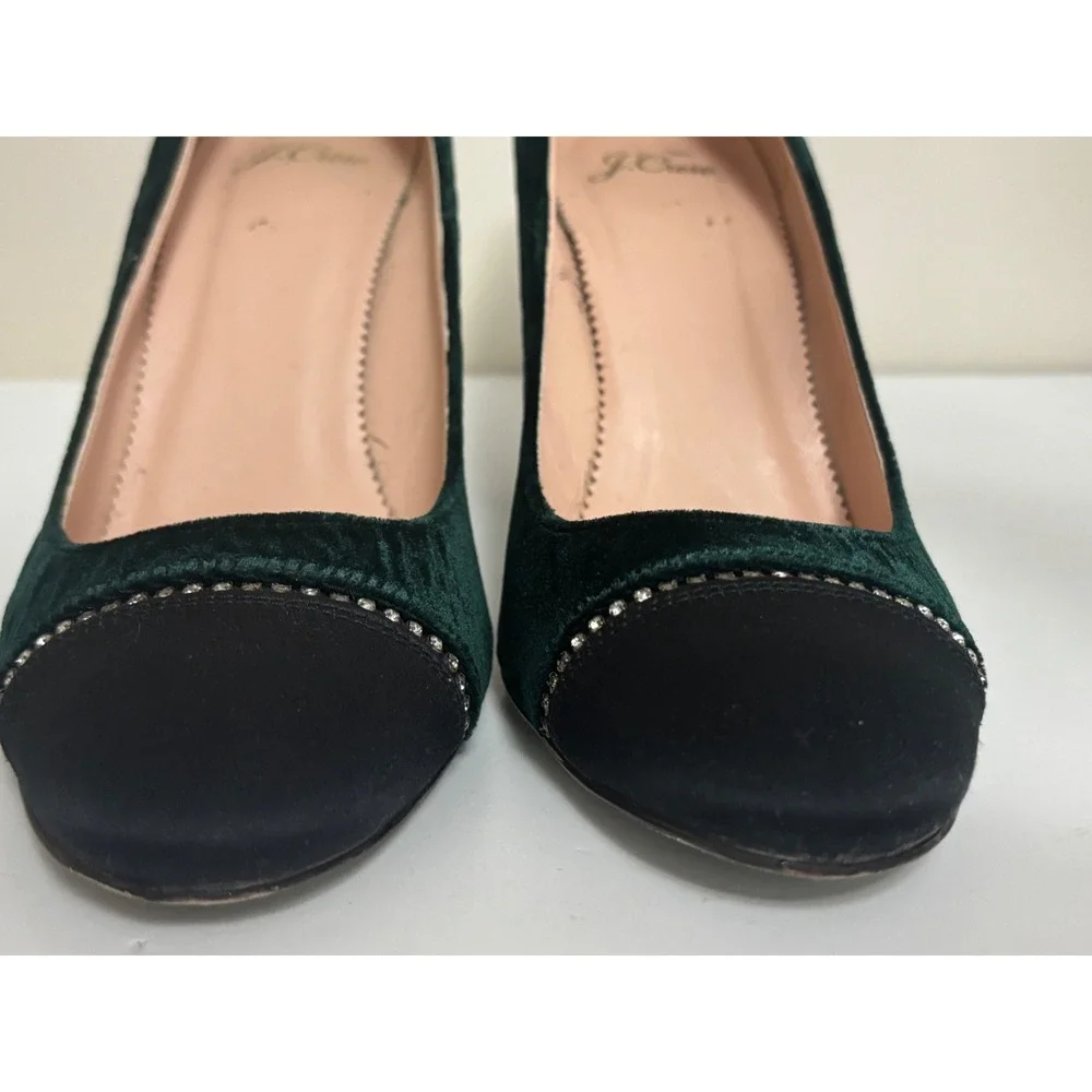 J. Crew Green Velvet Cap Toe Block Heel Pumps Crystal Embellished Size 9 Italy